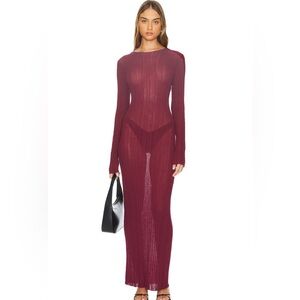 Lioness Burgundy Sheer Ribbed Maxi Dress